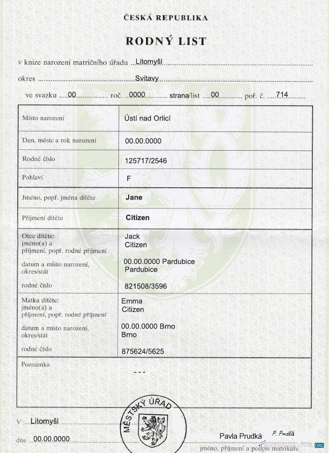 Download Czech birth certificate fully editable template in PSD format Photoshop template